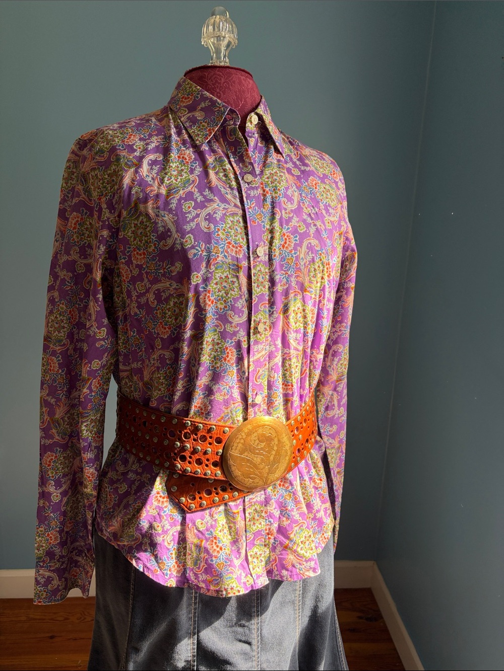 Purple top with green and orange paisley print